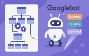 Illustration of an XML sitemap being scanned by Googlebot with optimization signals and crawl paths